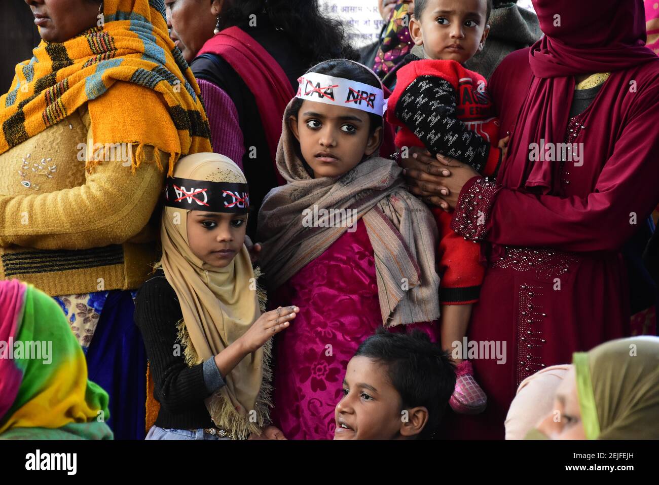 Kids with headbands during the protest. It is over 50 days of protest  against India's new citizenship law, demonstrators blocked off Shaheen Bagh  area close to the Jamia Millia Islamia University. (Photo