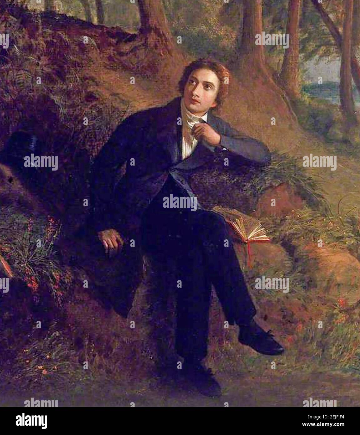 JOHN KEATS (1795-1821) English poet. Detail of the 1845 painting by Joseph Severn showing Keats sitting on Hampstead Heath listening to a Nightingale Stock Photo