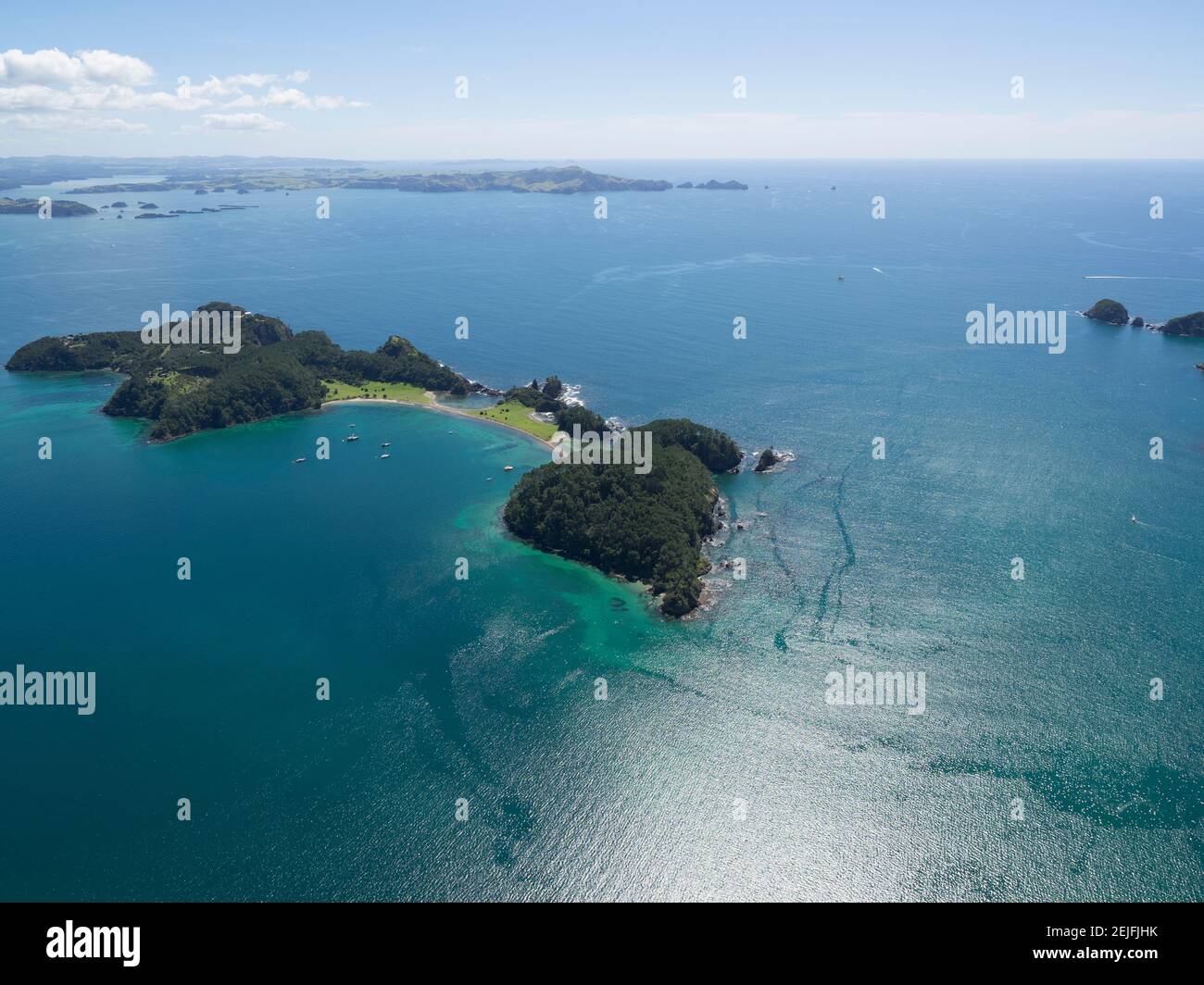 Aerial view of islands in the sea, Motuarohia Island, Bay of Islands, Northland, North Island, New Zealand Stock Photo