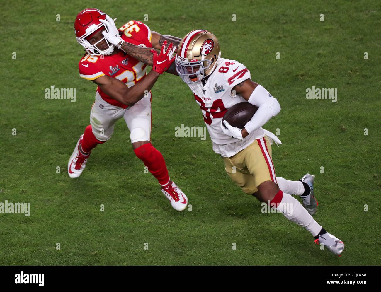 San Francisco 49ers' Kendrick Bourne (84) runs against Kansas City Chiefs' Charvarius  Ward duri …