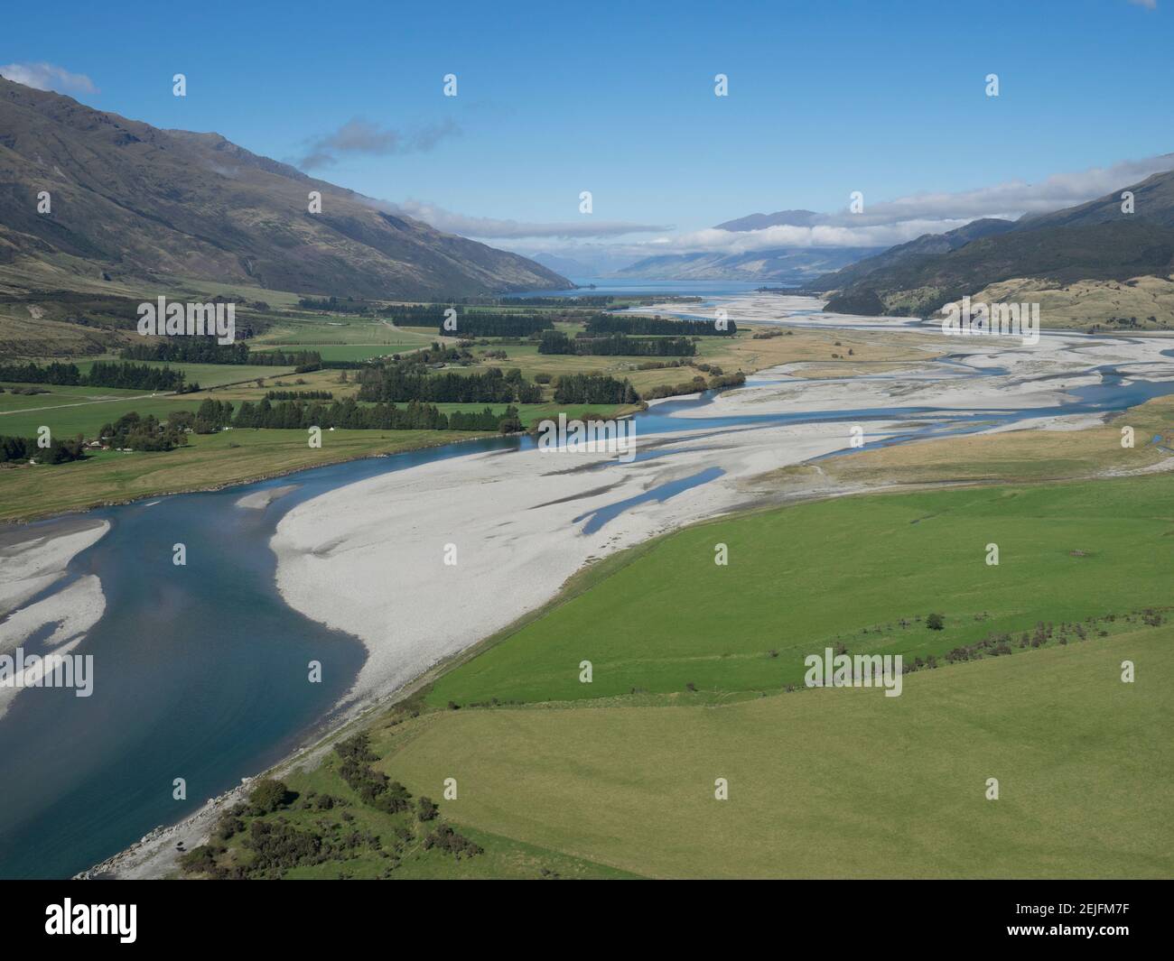 Matukituki River as it flows from Mount Aspiring National Park into Lake Wanaka, Queenstown Lake District, Otago, South Island, New Zealand Stock Photo