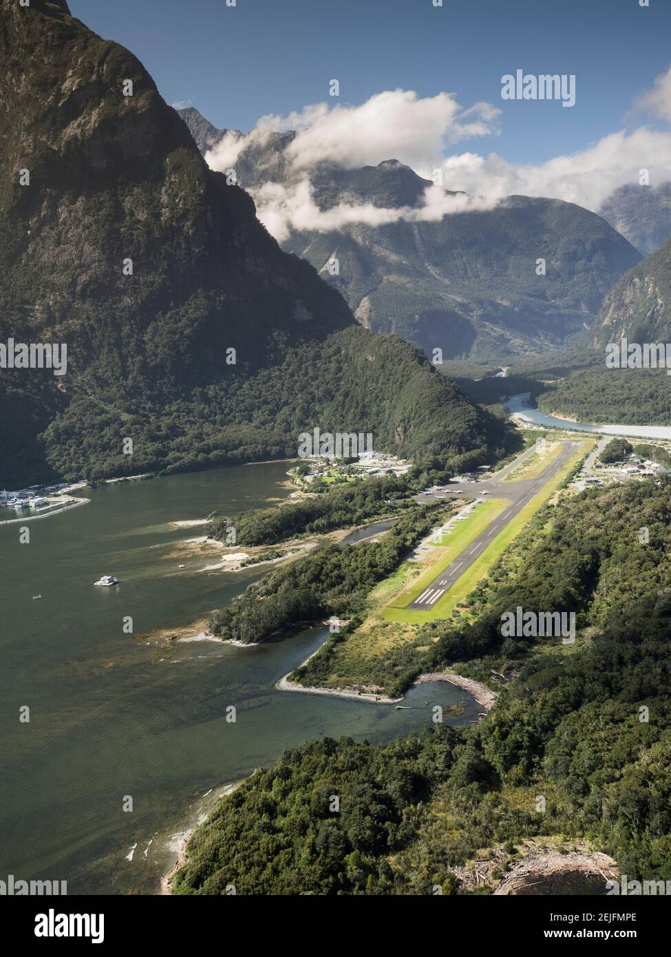 Aerial view of airport at Milford Sound, South Island, New Zealand Stock Photo