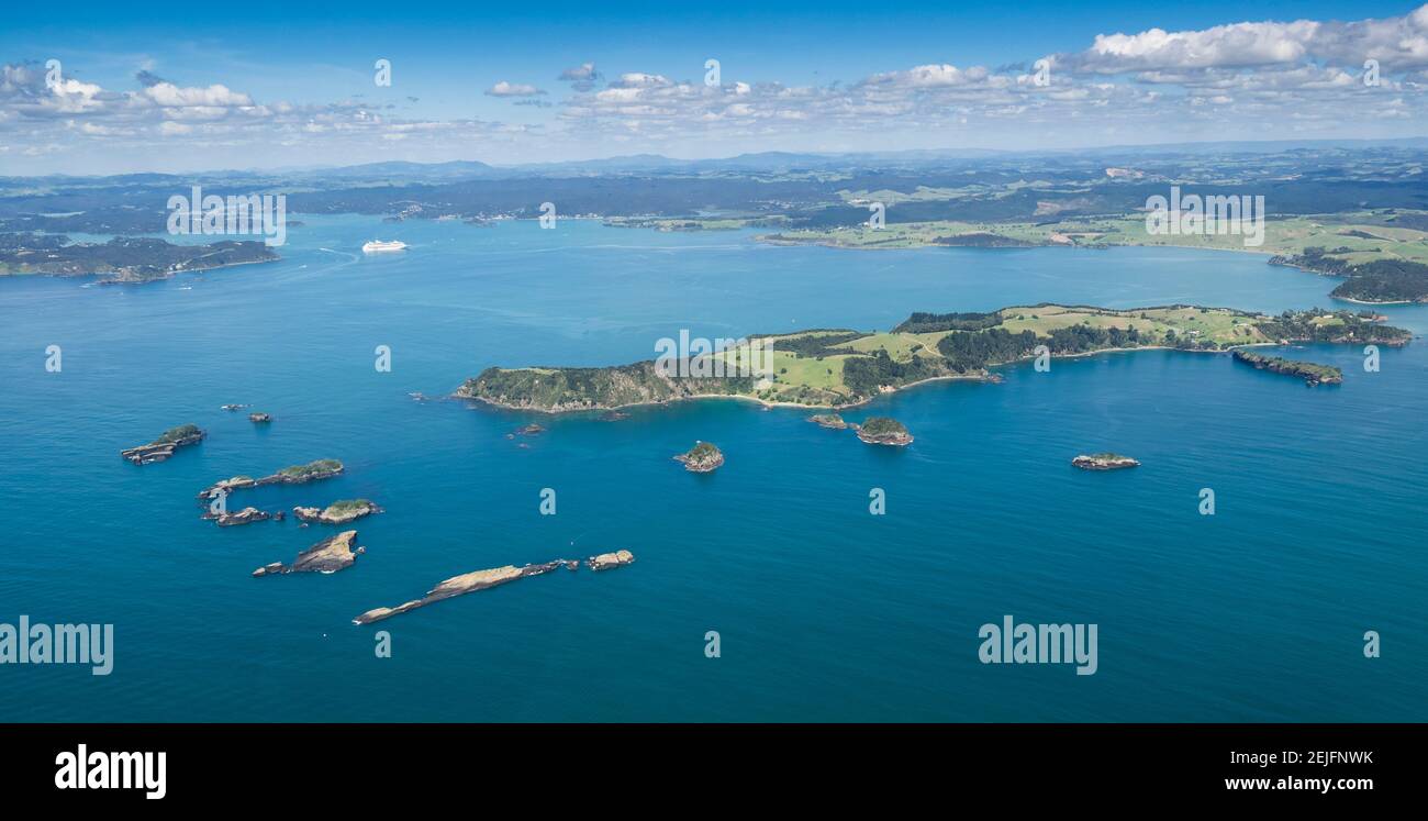Aerial view of islands in the sea, Bay of Islands, Northland, North Island, New Zealand Stock Photo