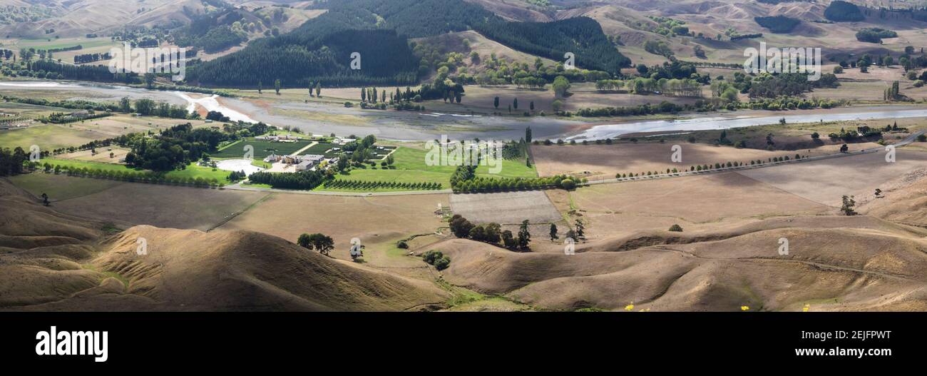 Elevated view of vineyard along Waimarama Road from Te Mata Peak, Tukituki River, Hastings District, Hawke's Bay Region, North Island, New Zealand Stock Photo