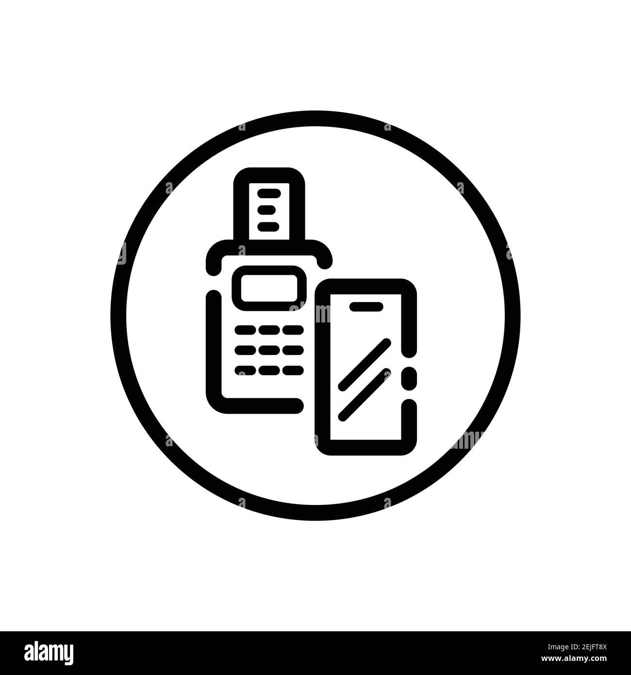 Transaction with smartphone. Shipping terminal payment. Pay with mobile. Commerce outline icon in a circle. Isolated vector illustration Stock Vector