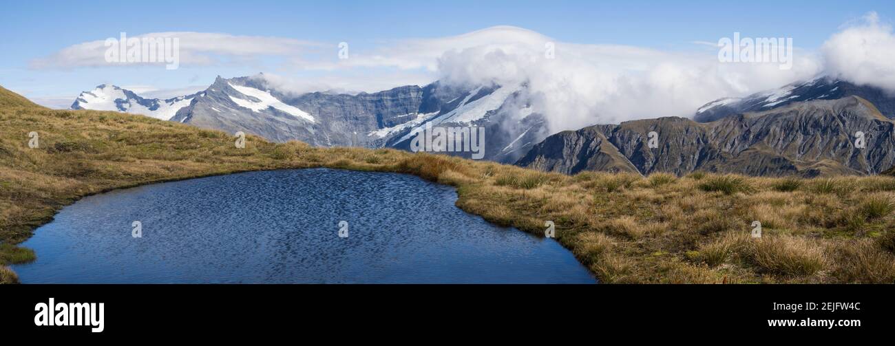 Elevated view of lake on mountain, Mount Aspiring National Park, West Coast, South Island, New Zealand Stock Photo