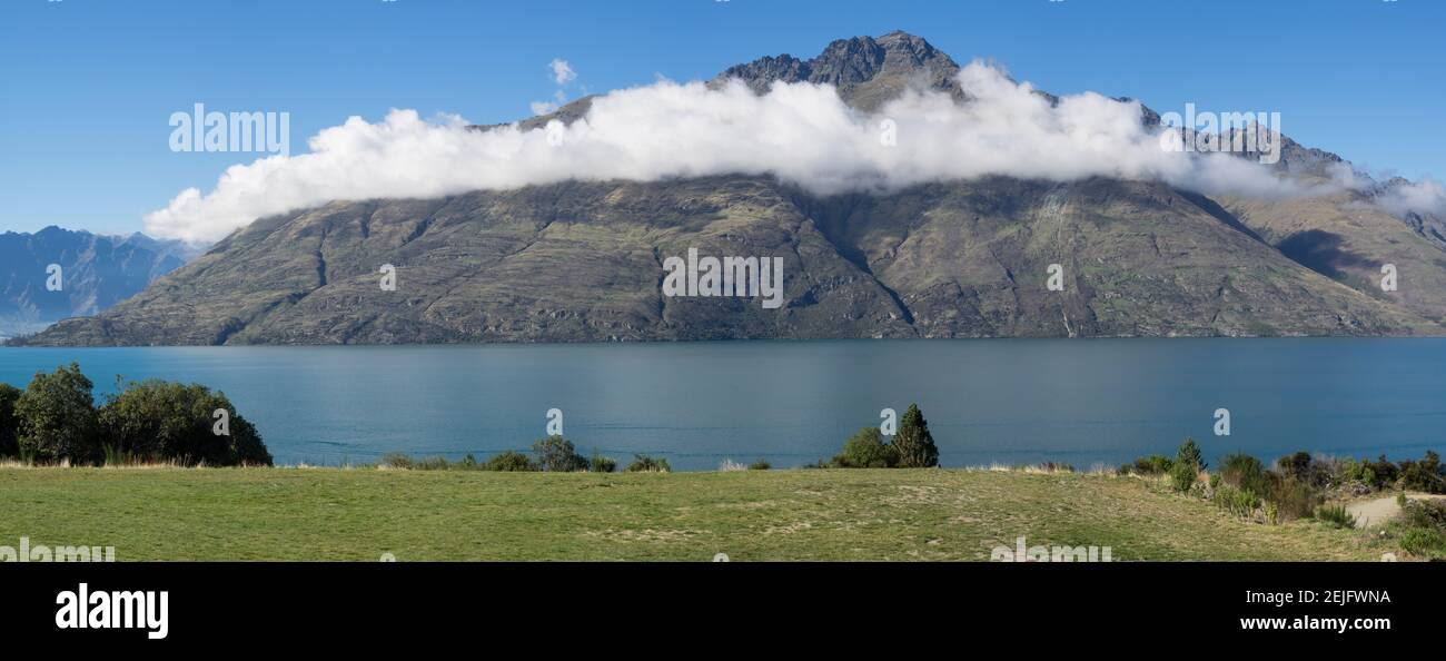 Cecil Peak seen from Glenorchy-Queenstown Road, Lake Wakatipu, Otago Region, South Island, New Zealand Stock Photo