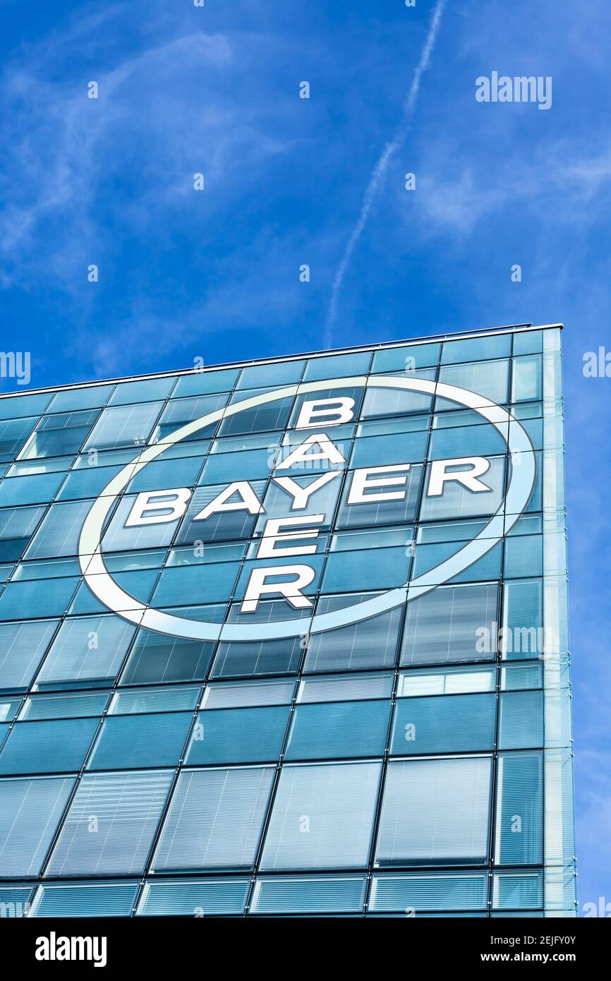 Bayer AG, German multinational pharmaceutical and life sciences company, one of largest pharmaceutical companies in world, brand logo on its office bu Stock Photo