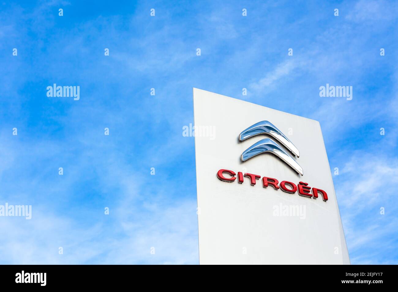 Citroen brand logo on bright blue sky background located in Lyon, France - February 23, 2020 Stock Photo