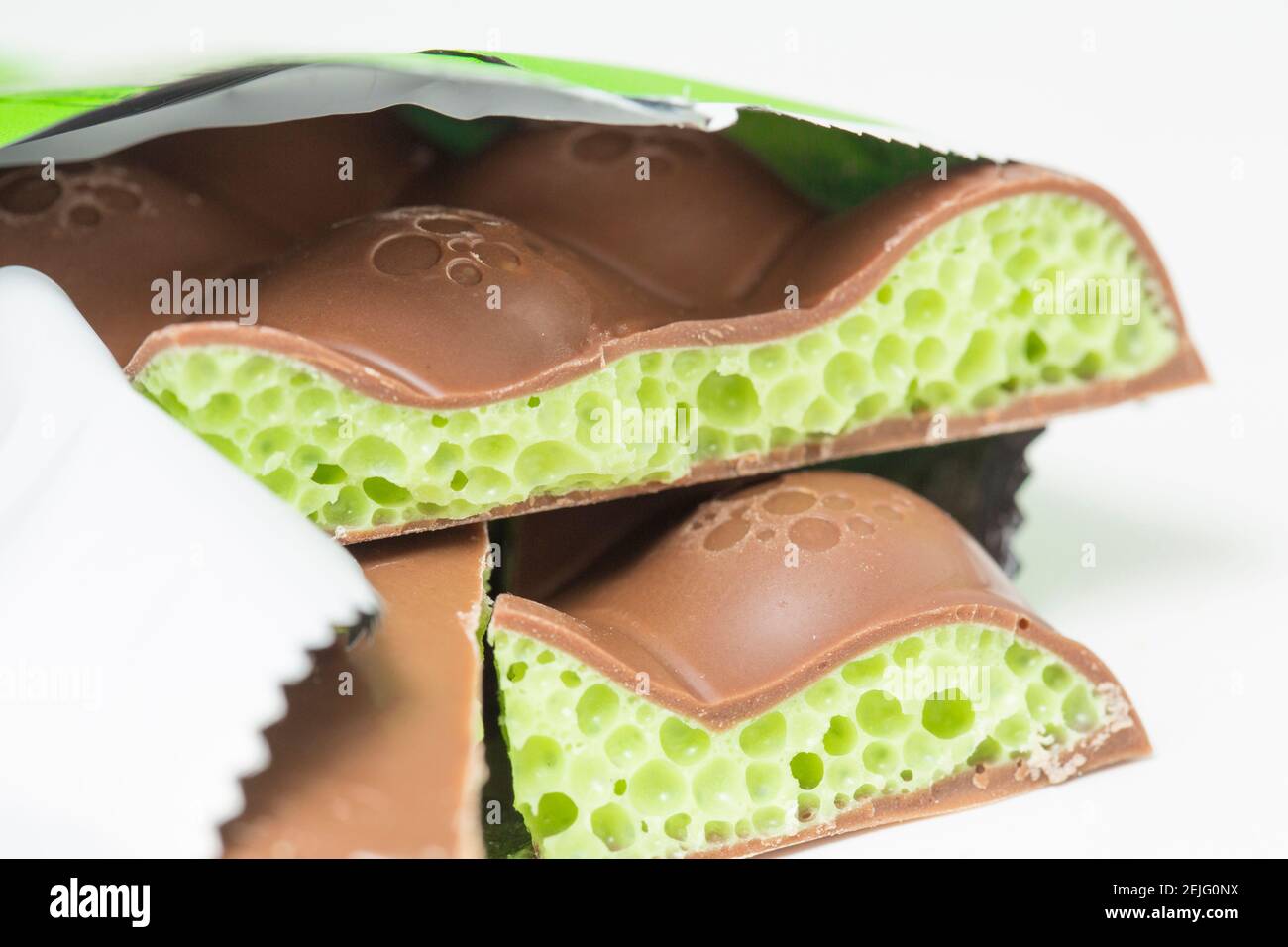 A Nestle Delightful Peppermint Aero Bar bought from a supermarket in the UK showing close up of bubbles. England UK GB Stock Photo