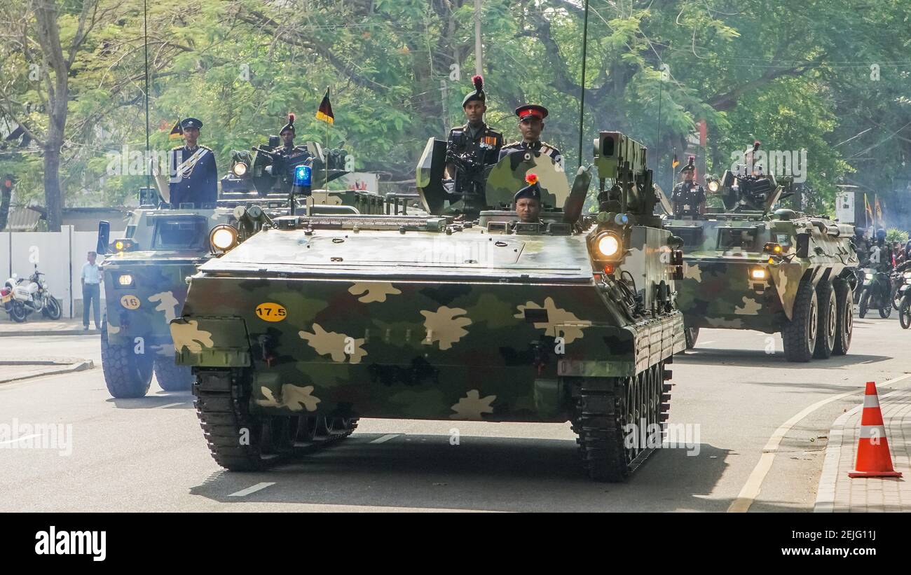 Sri Lankan military tanks march during the country's 72th Independence