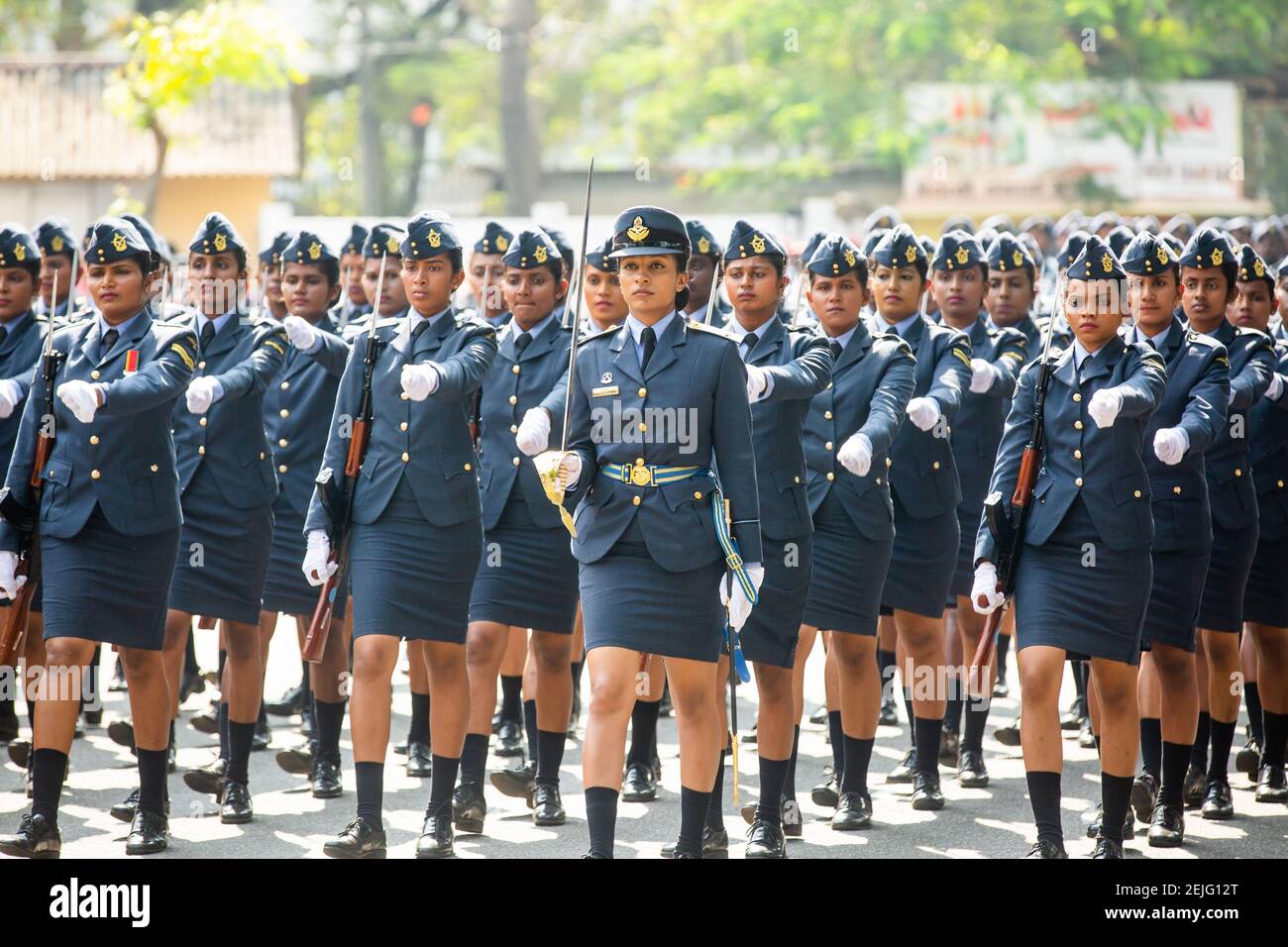 A Sri Lankan military personnel march during Sri Lanka's 72th