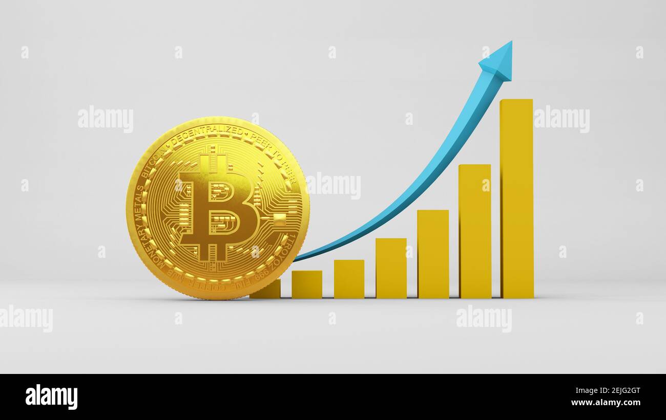 Coin of Bitcoin next to a growing bar chart. 3D rendering. Cryptocurrency  coin 2p2 exchange, blockchain technology Stock Photo - Alamy