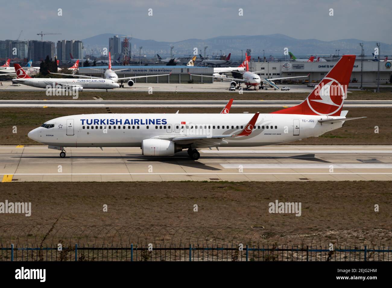 Turkish Airlines Boeing 737-800 TC-JGU passenger plane departure at Istanbul Ataturk Airport Stock Photo