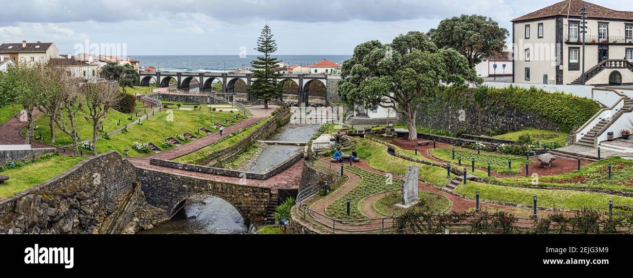 Elevated view of historic bridge, Ribeira Grande, Sao Miguel Island, Azores, Portugal Stock Photo