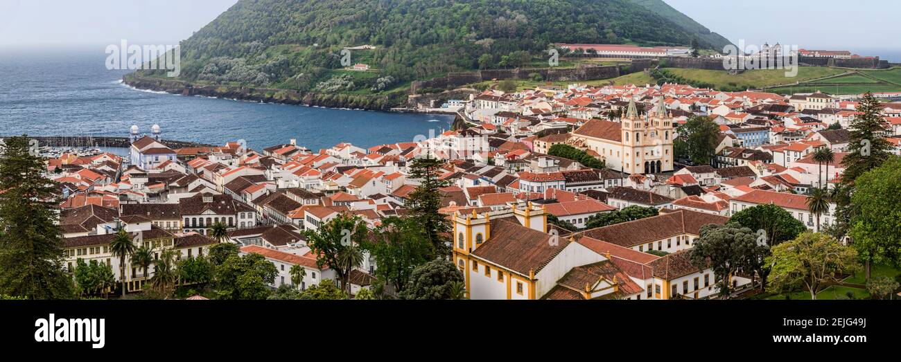 High angle view of city on island, Angra Do Heroismo, Terceira Island, Azores, Portugal Stock Photo