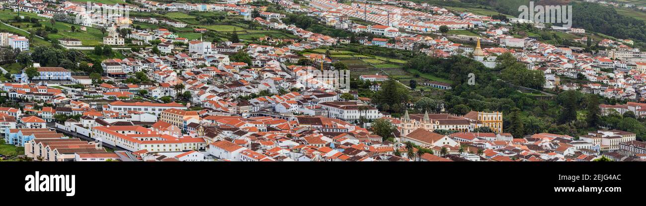 High angle view of city on island, Angra Do Heroismo, Terceira Island, Azores, Portugal Stock Photo