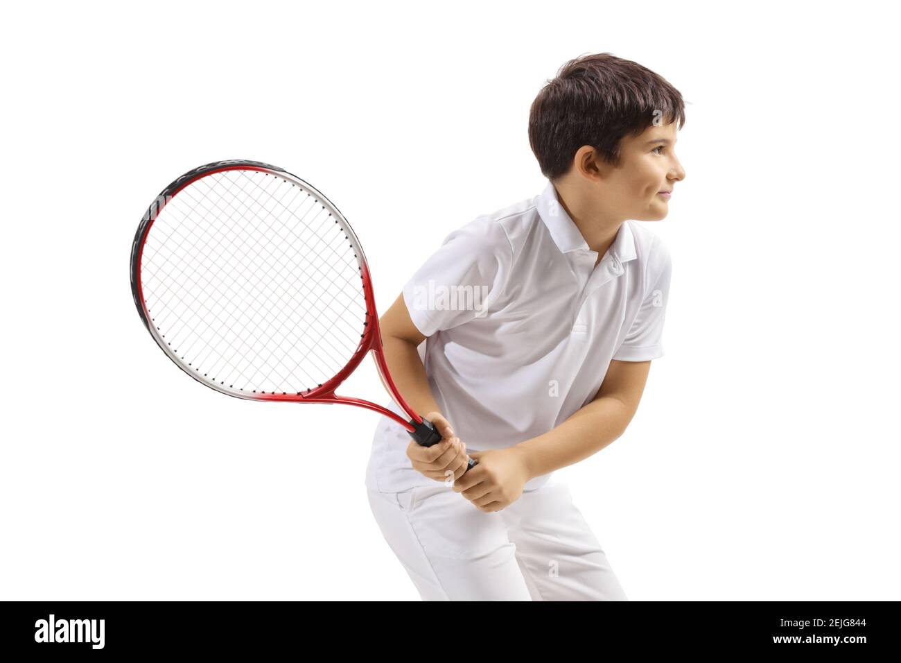 Kid playing tennis isolated on white background Stock Photo