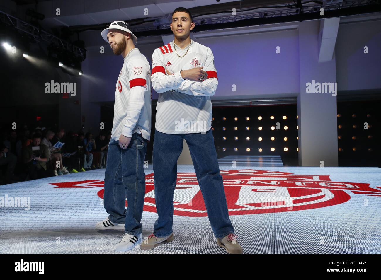 Feb 5, 2020; New NY, USA; Jordan Ullman and Majid Al-Maskati aka Majid Jordan model the Toronto kit MLS at Hotel Pennsylvania. Mandatory Credit: Geoff Burke-USA TODAY Sports/Sipa