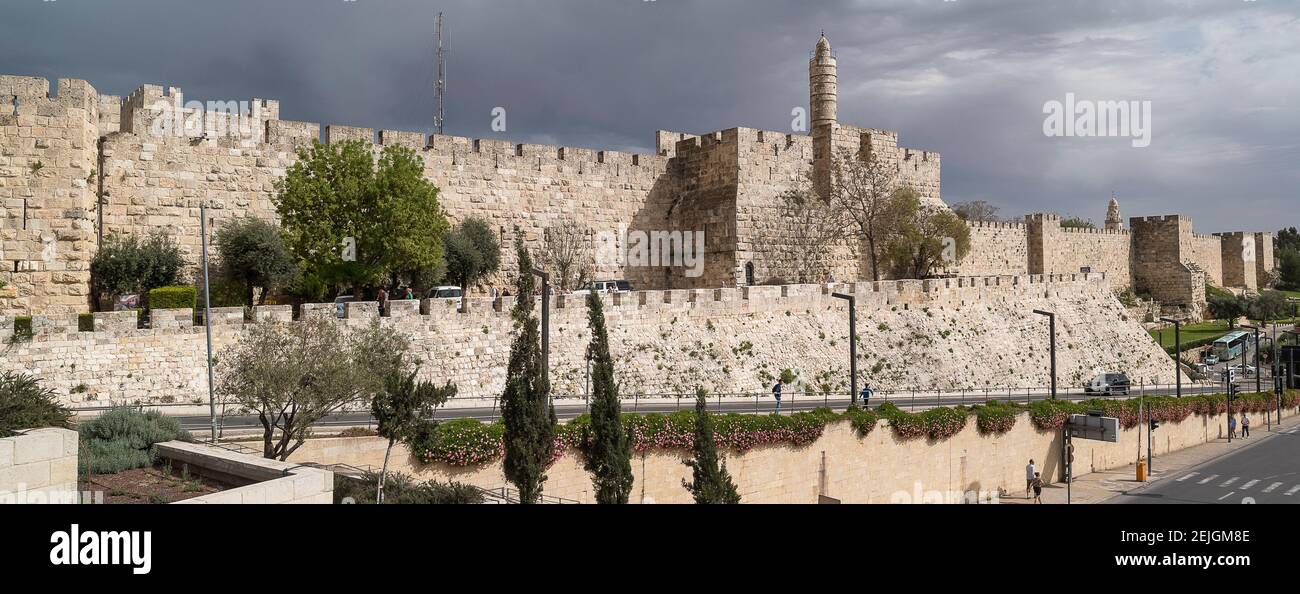 Old City Walls and Tower of David, Old City, Jerusalem, Israel Stock Photo