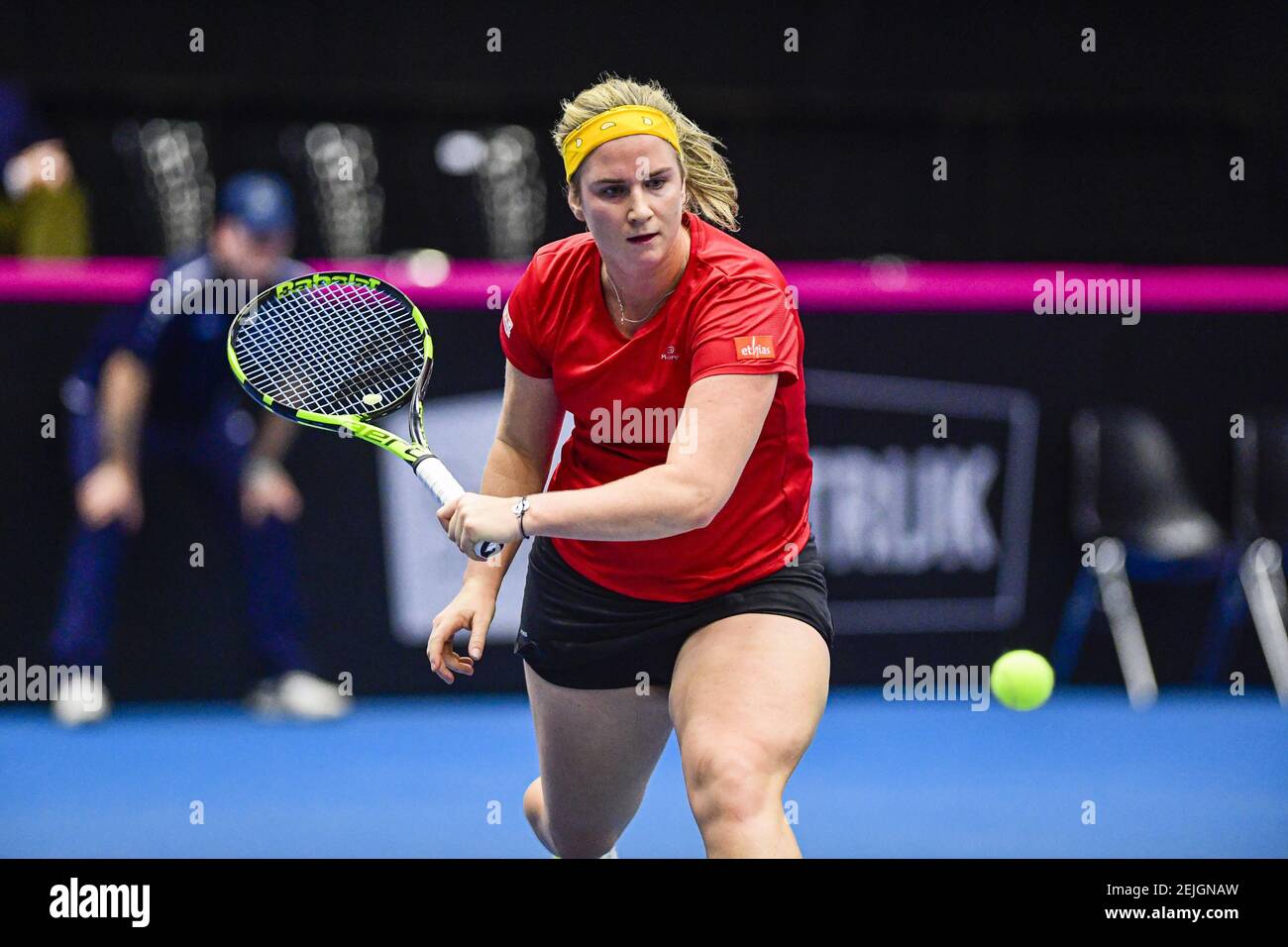 Belgian Ysaline Bonaventure pictured in action during the second game  between Belgian Bonaventure (WTA 115) and Kazach Putinseva (WTA 34) on the  first day of the Fed Cup Qualifiers first round between