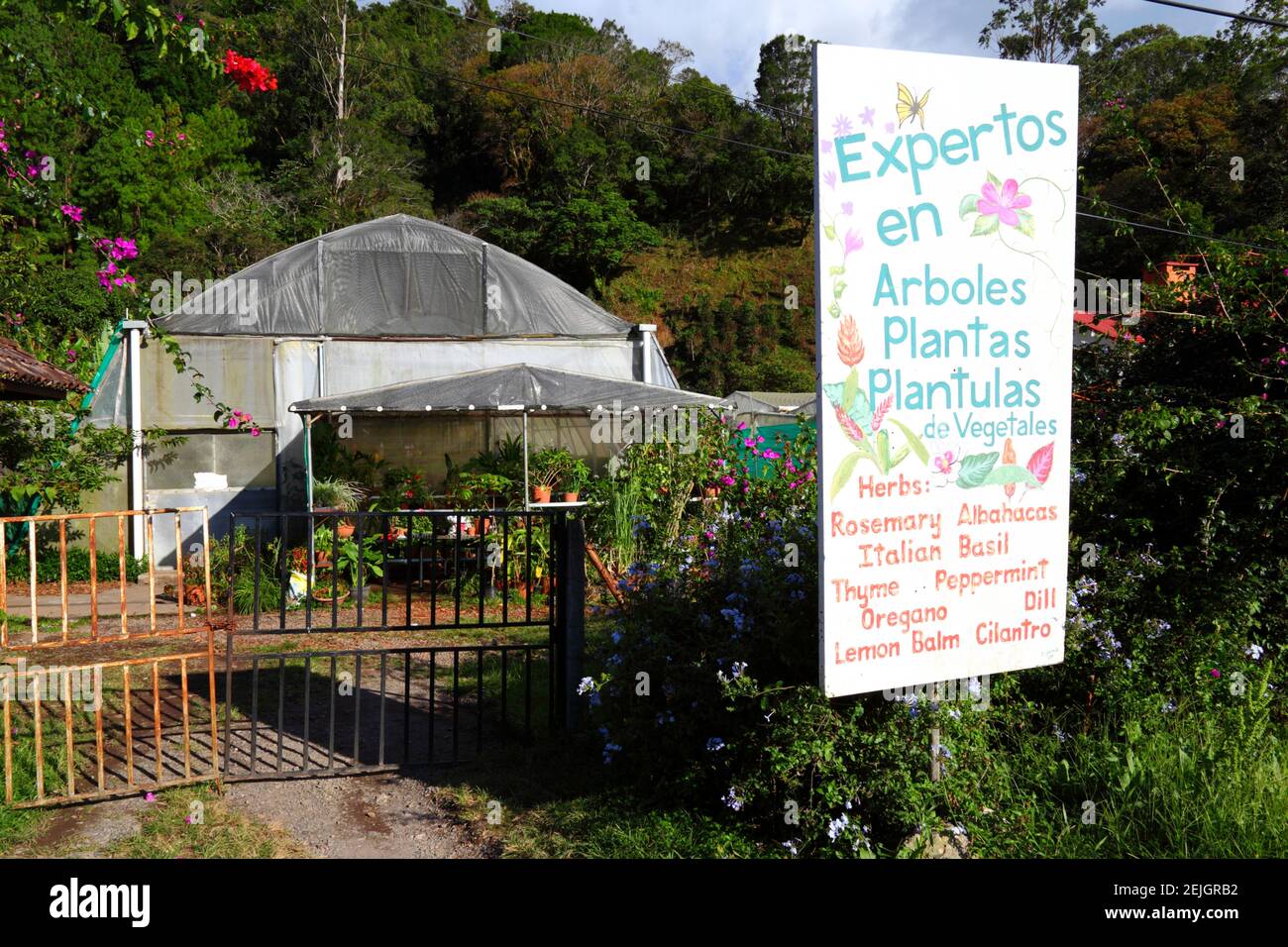 Sign outside garden centre / nursery selling herbs, flowers and plants, Boquete, Chiriqui Province, Panama Stock Photo