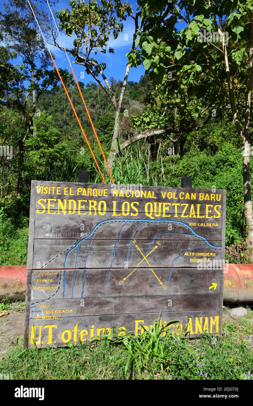 ANAM sign at start of Quetzal Trail through cloud forest, Volcan Baru National Park, near Boquete, Chiriqui, Panama Stock Photo