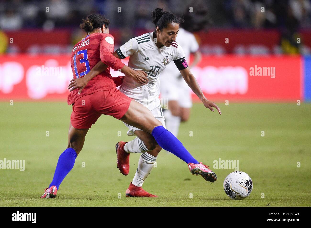 Feb 7, 2020; Los Angeles, California, USA; Mexico midfielder Stephany Mayor (10) moves the ball while United States forward Lynn Williams (13) defends during the second half of the CONCACAF Women's Olympic Qualifying soccer tournament at Dignity Health Sports Park. Mandatory Credit: Kelvin Kuo-USA TODAY Sports/Sipa USA Stock Photo