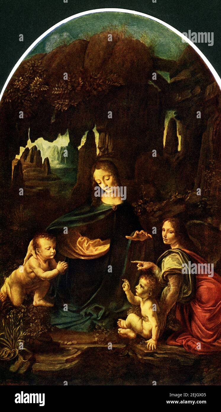 This image shows the painting Madonna in the Rock Grotto (also known as Virgin of the Rocks) by Leonardo DaVinci. Da Vinci did teo paintings on same topic and same name. This Virgin of the Rocks, which usually hangs in the Louvre, is considered by most art historians to be the earlier of the two and date from around 1483-1486. Most authorities agree that the work is entirely by Leonardo. Stock Photo