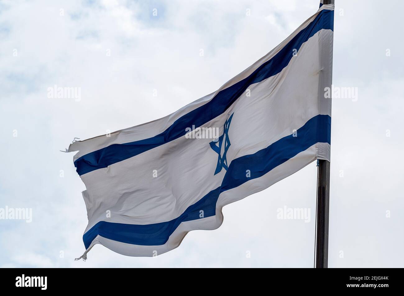 Low angle view of Israeli Flag, Jerusalem, Israel Stock Photo