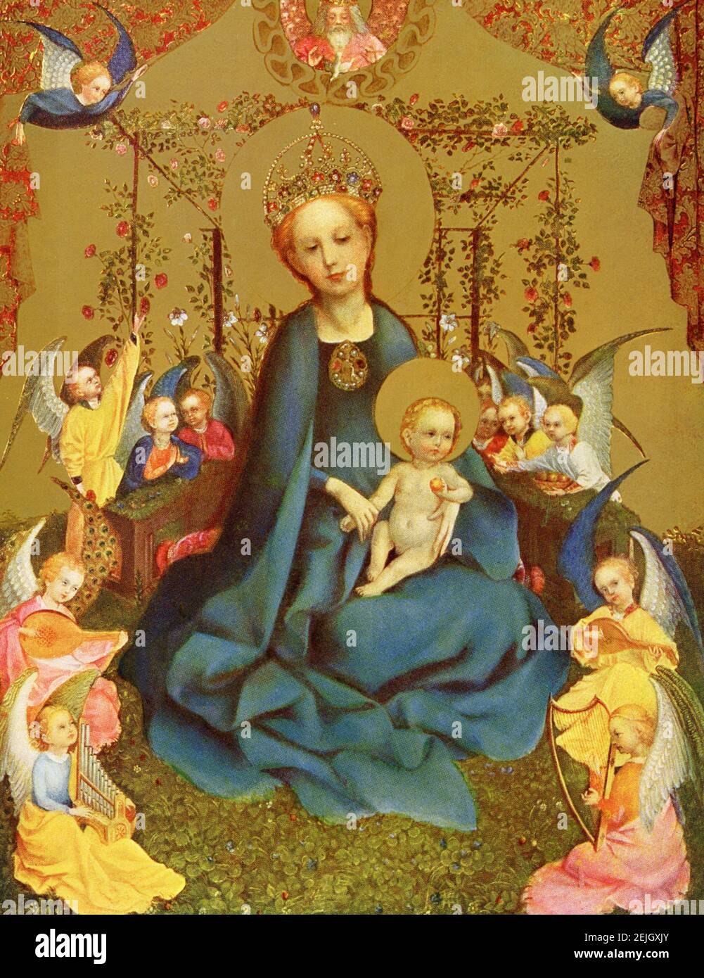 This image shows the panel-painting Madonna in the Rose Garden (also known as Madonna of the Rose Bower and Virgin of the Rose Bower)  by the German artist Stephan Lochner, which is housed in the Wallraf-Richartz Museum in Cologne, Germany. It is usually dated c 1440-42, although some art historians believe it contemporaneous with his later Dombild Altarpiece. It is usually seen as one of his finest and most closely detailed works. Stock Photo