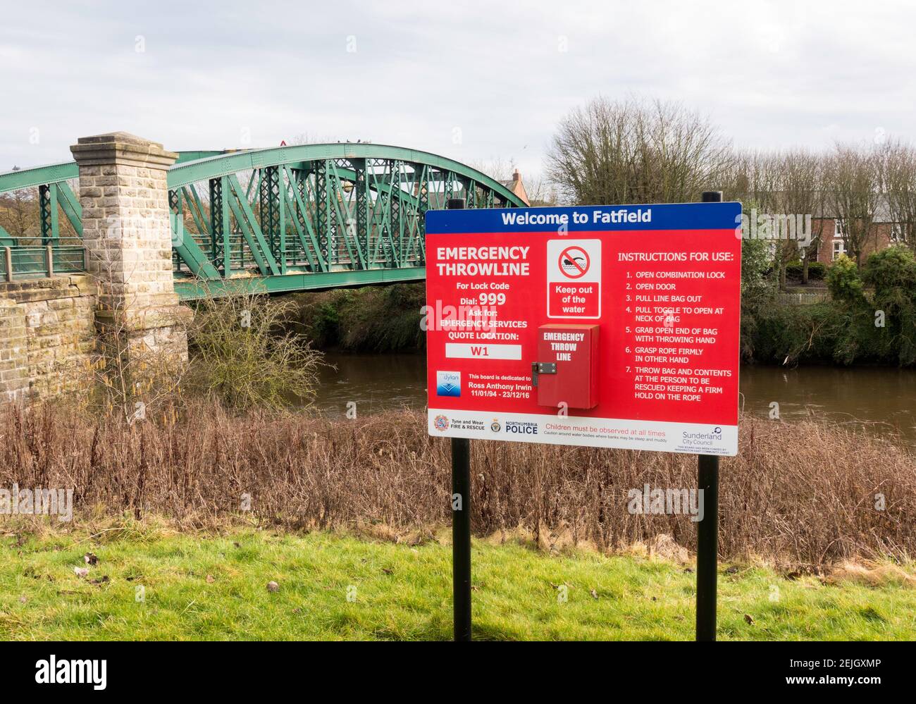 Emergency throwline secured by a digital lock adjacent to the River Wear in Fatfield, north east England, UK Stock Photo
