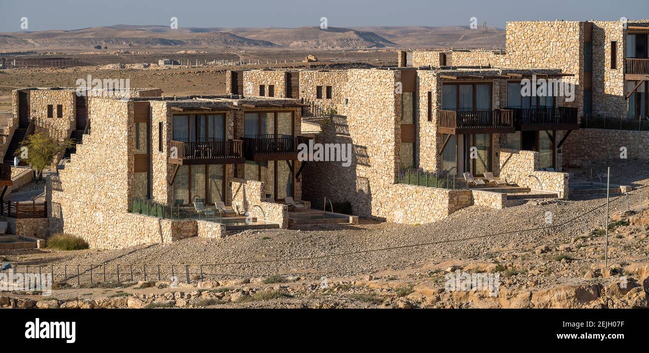 View of Beresheet Hotel at Mitzpe Ramon with Makhtesh Ramon in the background, Negev, Israel Stock Photo