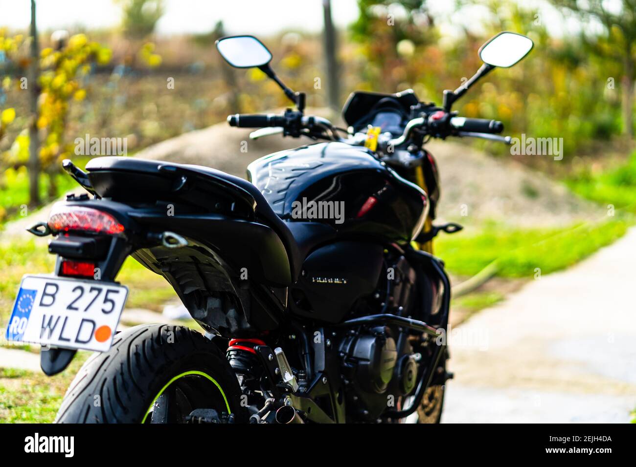 Detail of black motorcycle. Honda Hornet motorcycle detail photo