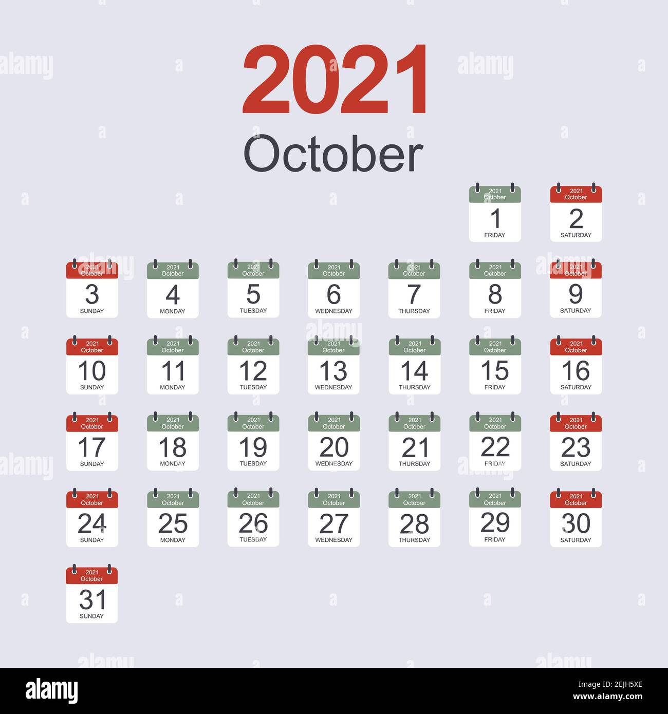 Monthly calendar template for October 2021 with daily date. Week starts on Sunday. Flat style. Vector illustration Stock Vector