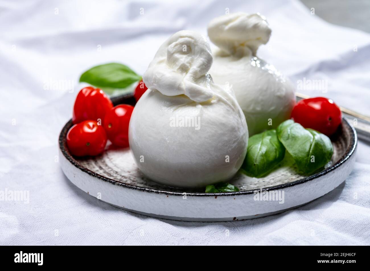 Cheese collection, fresh soft white burrata cheese ball made from mozzarella and cream from