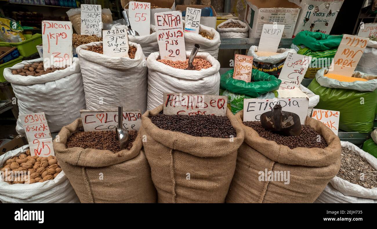 Herbs for sale at a market stall, Turkish Bazaar, Acre (Akko), Israel Stock Photo