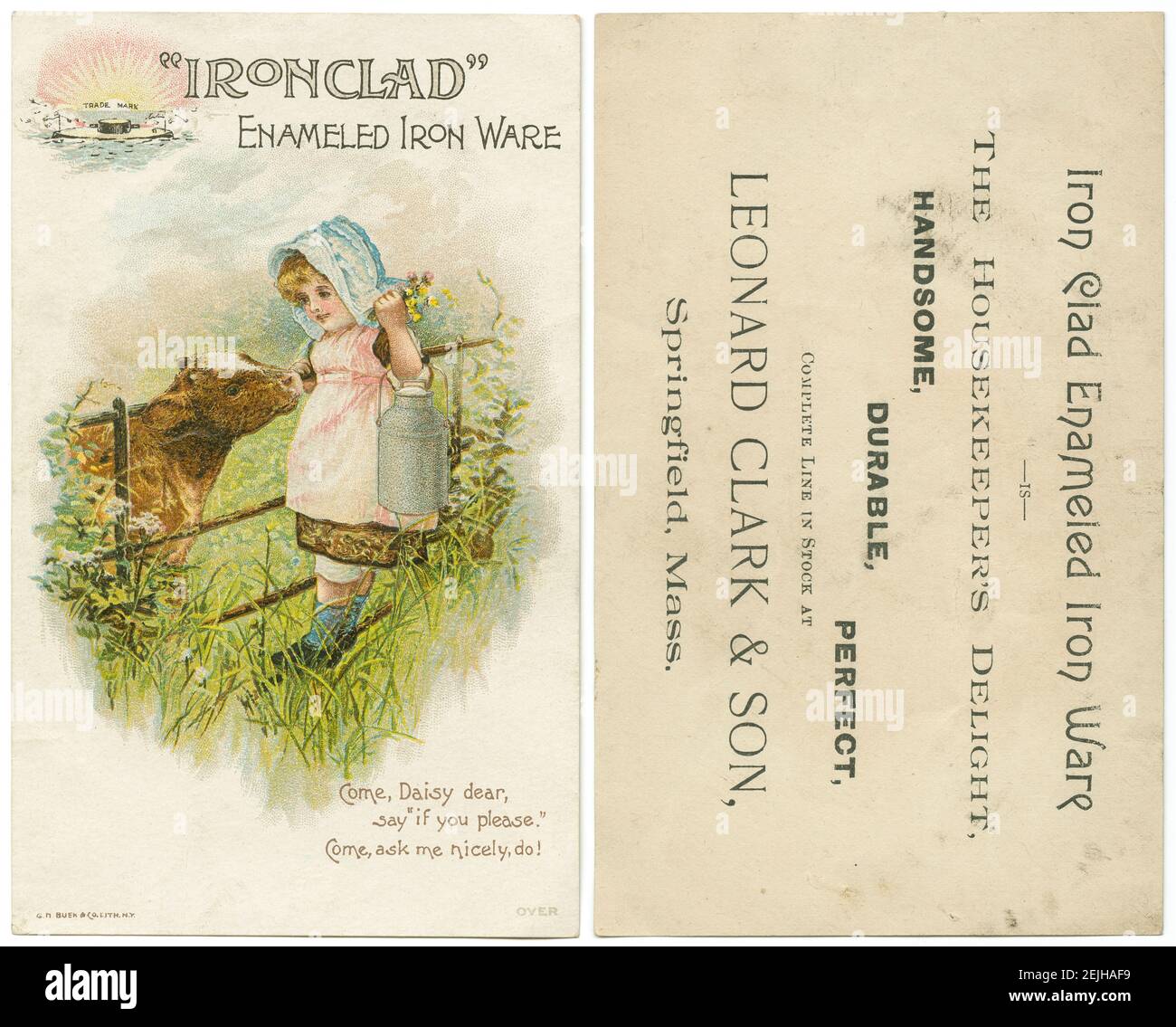 Antique c1890 chromolithographic trade card (front and back) for retailer Leonard Clark & Son in Springfield, Massachusetts for “Enameled Iron Ware” by Iron Clad Manufacturing Co. in Brooklyn, New York. Nellie Bly, American journalist, was head of the company after 1900. SOURCE: ORIGINAL TRADE CARD Stock Photo