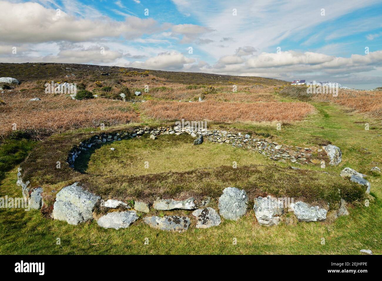 The Holyhead Mountain Hut Circles are the remains of a group of prehistoric huts near Trearddur Bay on Holy Island, Anglesey, Wales. Stock Photo