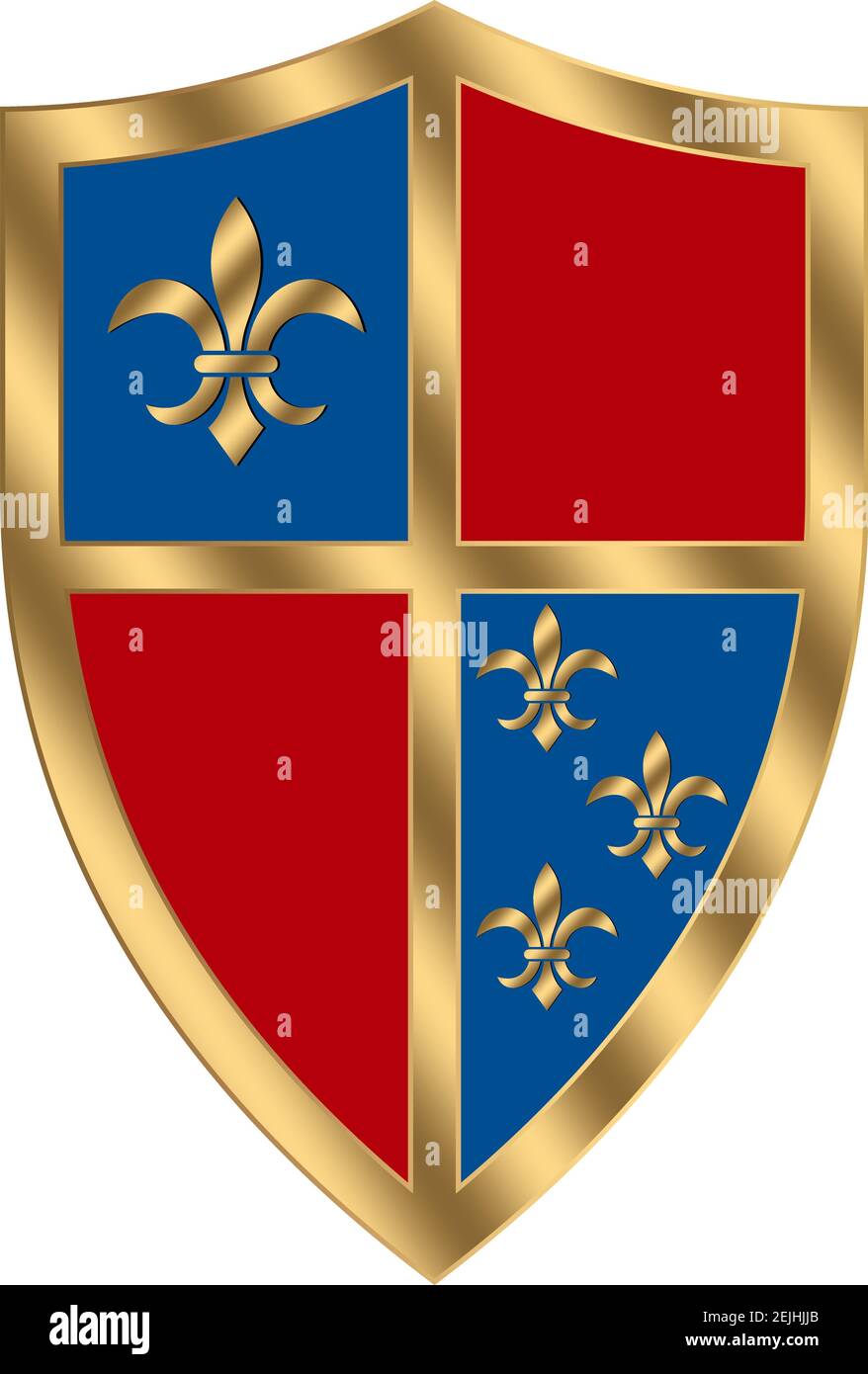 Medieval Knight Shield vector in gold, red and blue on white isolated