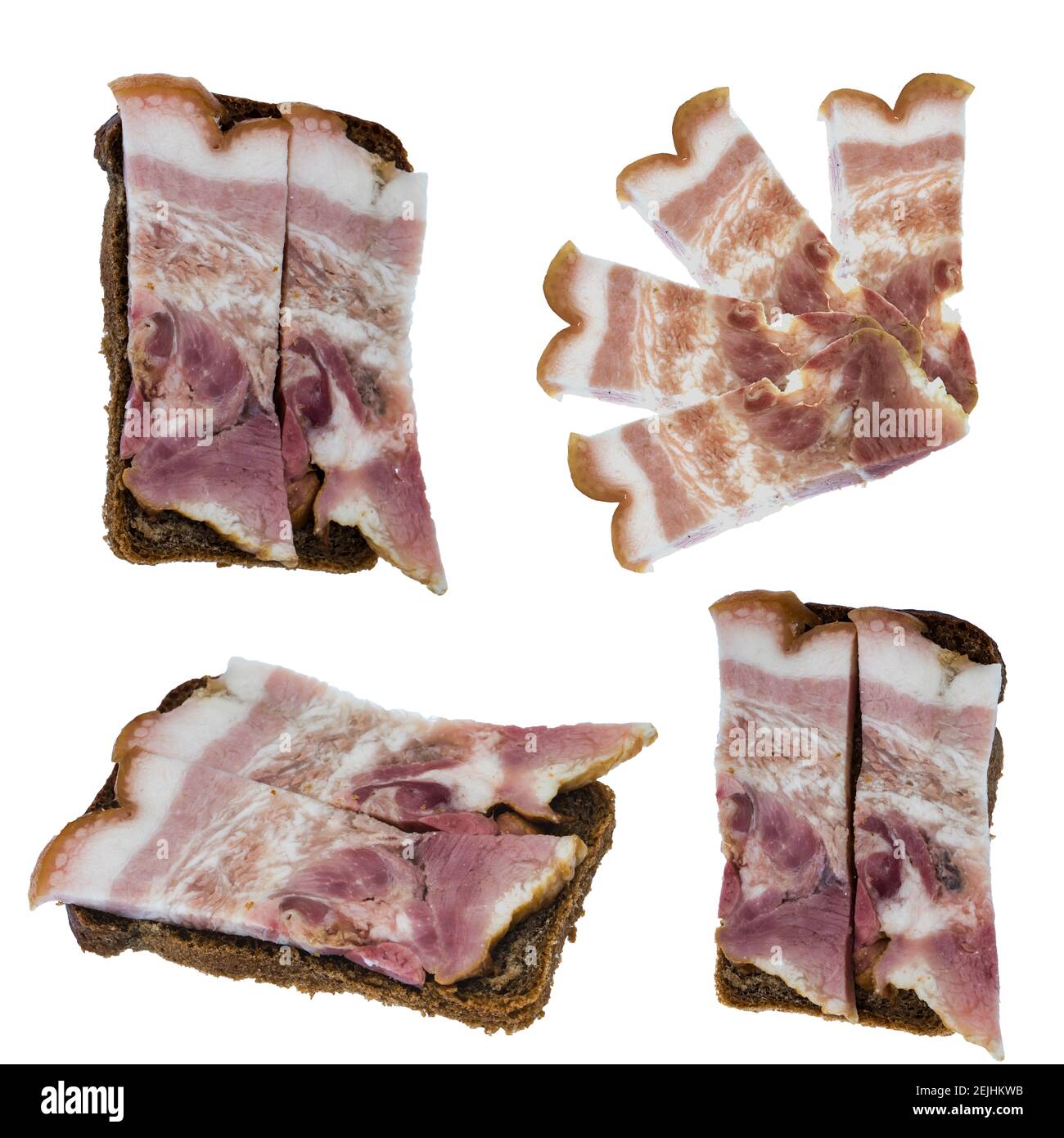 Slice of bacon with meat layers and a slice of black bread on white  background isolated Stock Photo - Alamy