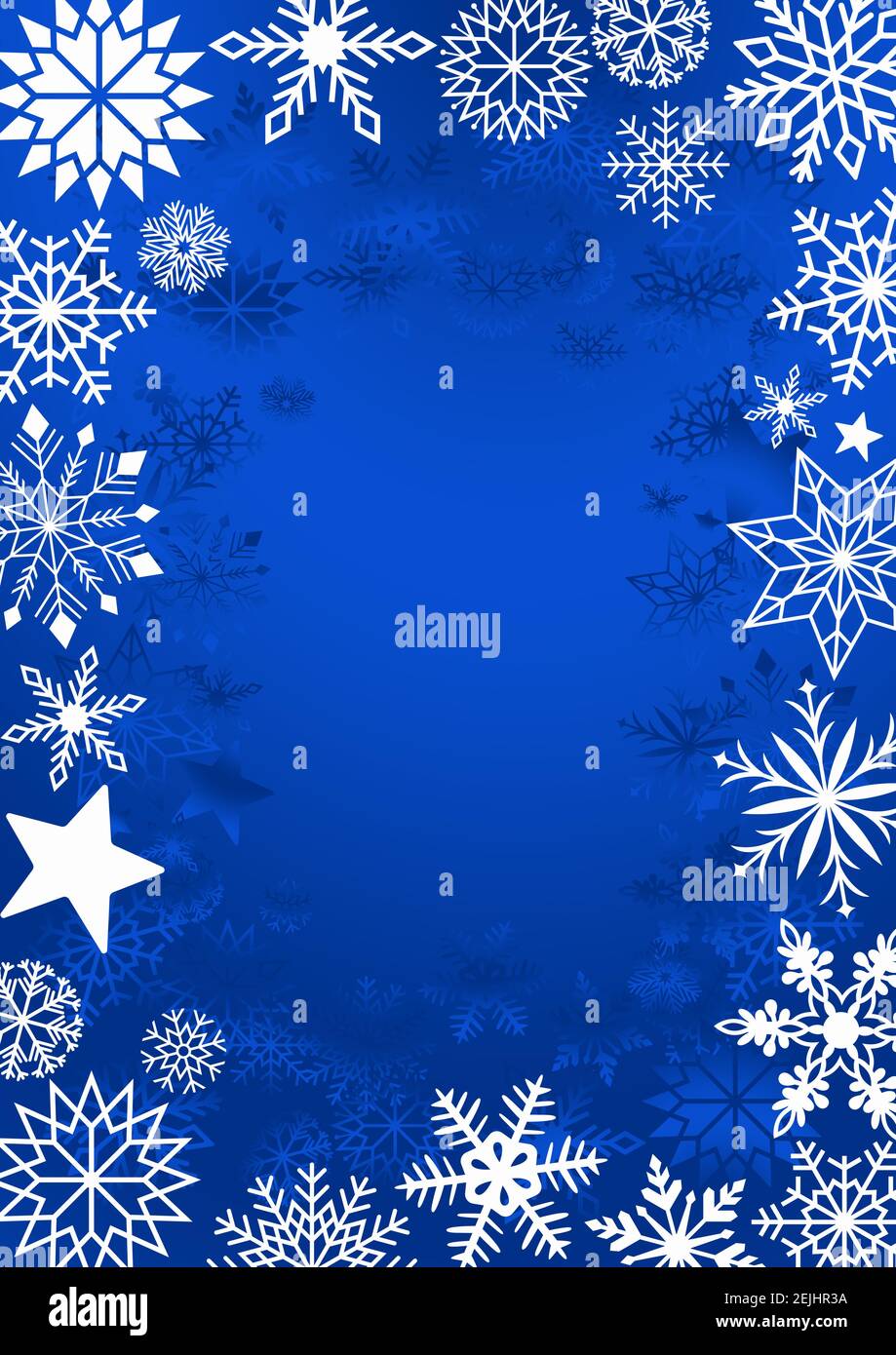 White frosty snowflake frame on blue background. Fine designed white