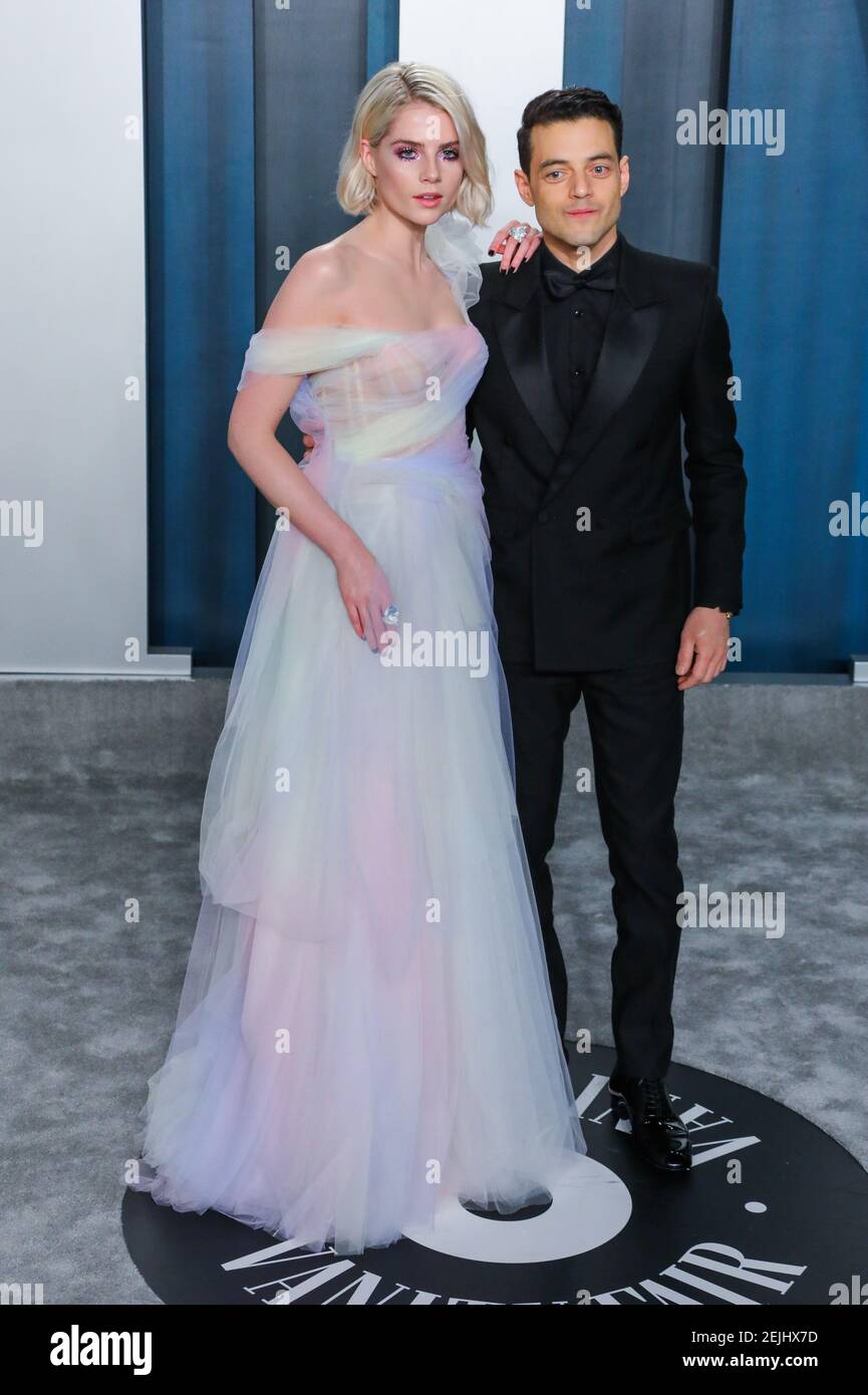 Lucy Boynton and Rami Malek walking on the red carpet at the 2020