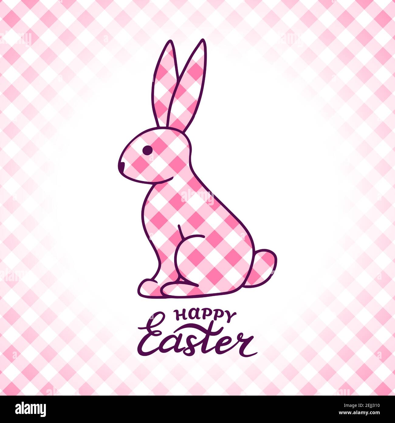 Cute rabbit on a checkered background. Suitable for Easter cards, invitations, posters, as well as for the covers of diaries and notebooks. Hand-drawn Stock Vector