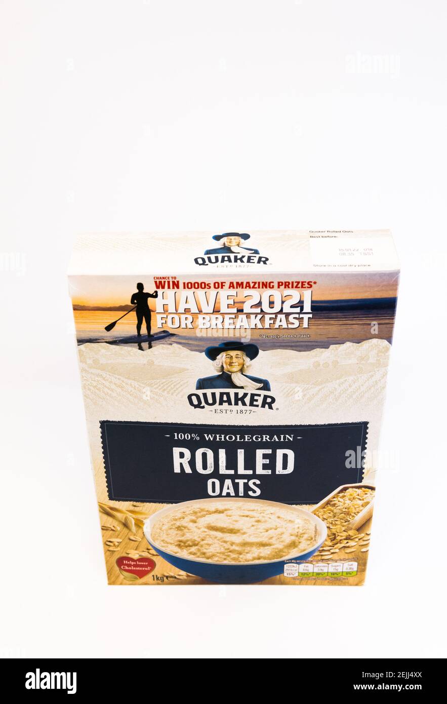1kg box of Quaker 100% rolled oats. Stock Photo