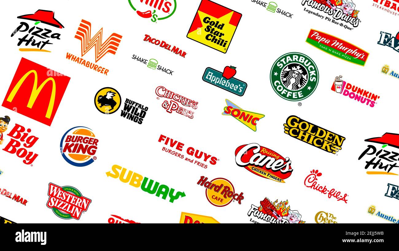 Logotype collection of most famous Fast-Food, Restaurants and Coffee Stock Photo