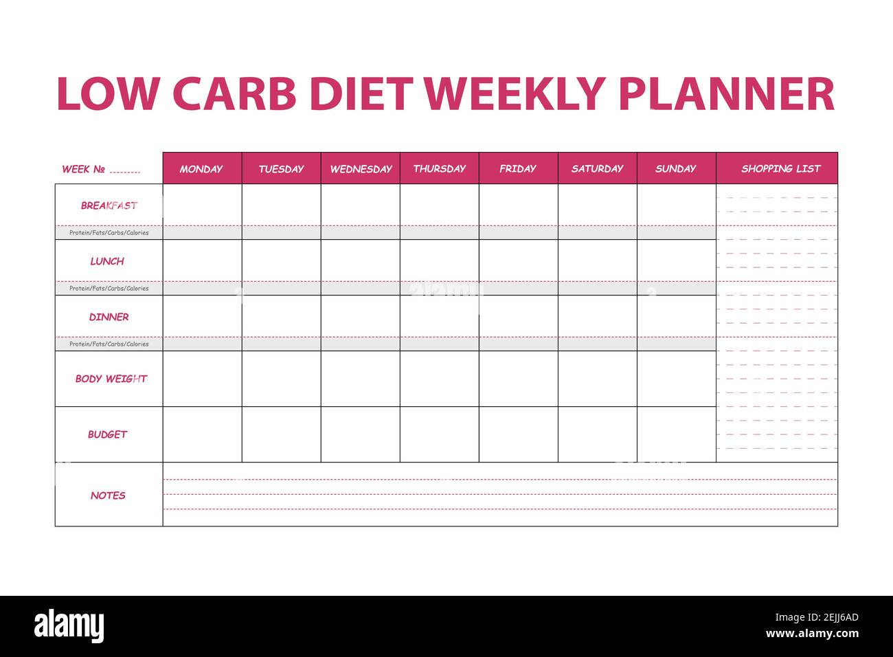 Pink diet weekly planner isolated on white background. Food menu plan for  diet. Daily schedule template for cooking meals. Week plan low carb menu  not Stock Vector Image & Art - Alamy