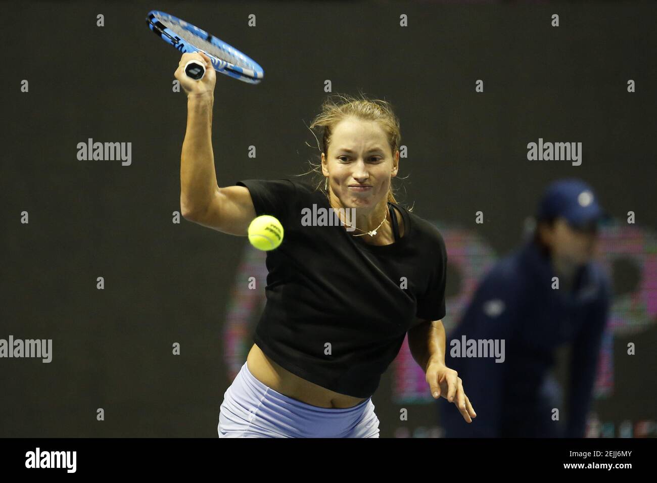 Yulia Putintseva of Kazakhstan reacts during a match against Veronica Kudermetova of Russia at the St.Petersburg Ladies Trophy 2020 tennis tournament at Sibur Arena