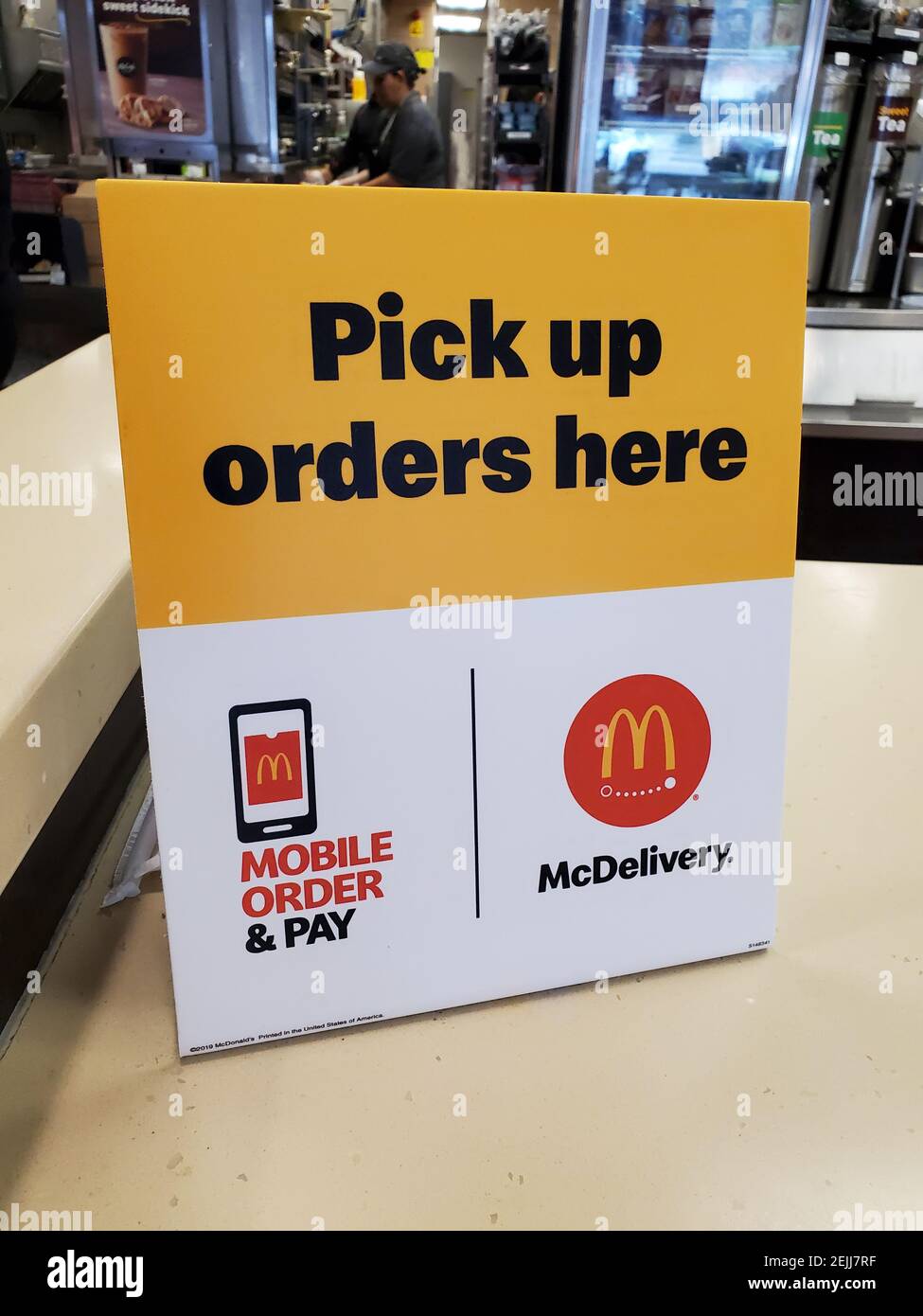 Closeup of order pickup area for McDelivery food delivery service at