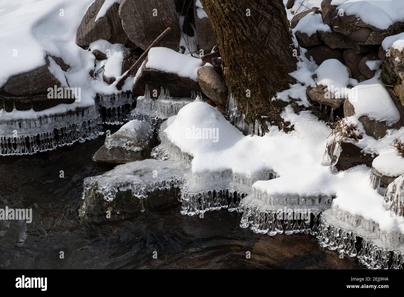 Amazing Crystal Icicle Shapes Hanging From The Edge Of Snow Covered Riverbank During Winter Stock Photo Alamy Amazing Crystal Icicle Shapes Hanging From The Edge Of Snow Covered Riverbank During Winter Stock Photo Alamy